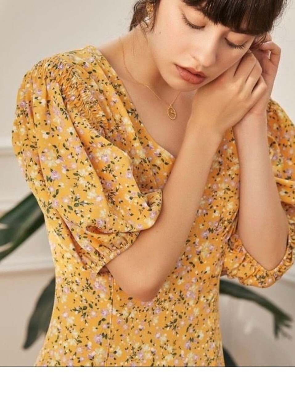 Simple Retro Golden Bloom Floral Puff Sleeve Bubble Mini Dress Medium Boho